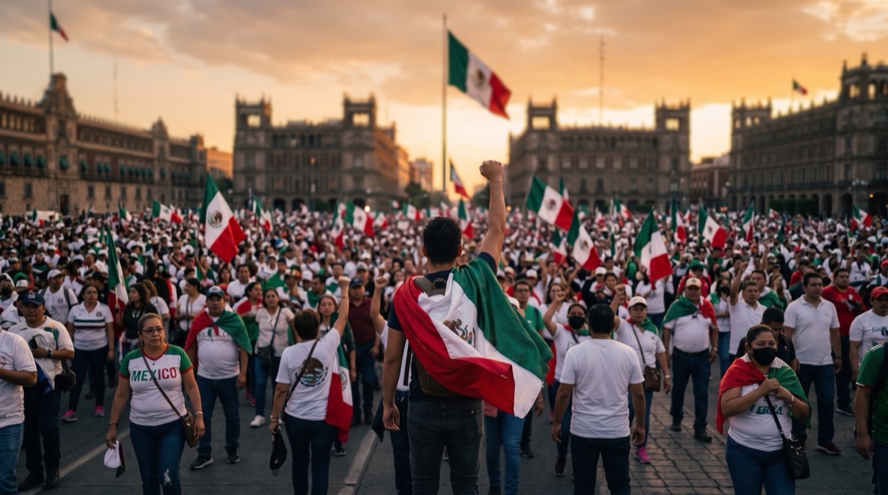 Mexicanas y mexicanos alzando el puño junto a la bandera nacional